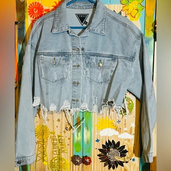 Trio Urban Light Wash Denim Jacket with Orange Bear🐻 - Picture 2 of 4